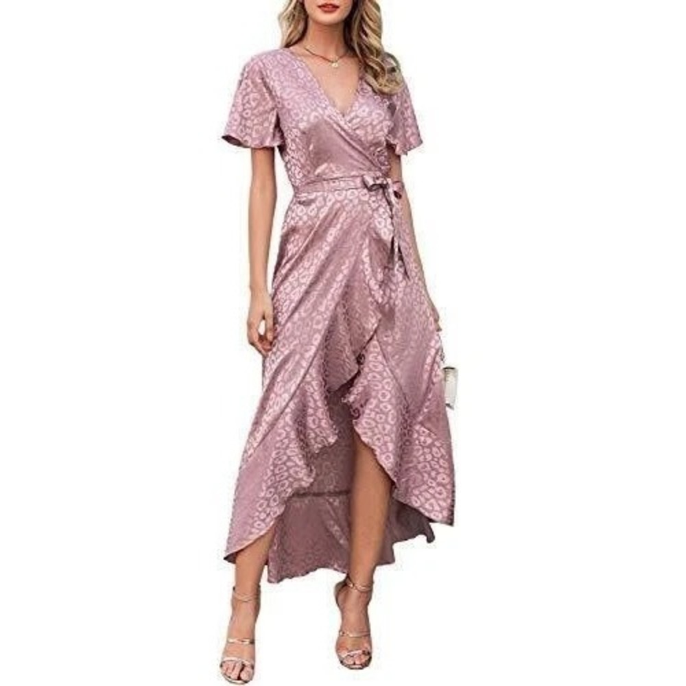 Simplee‎ Pink Satin Leopard Wrap Dress Ruffle Trim Small Romantic Coquette Glam